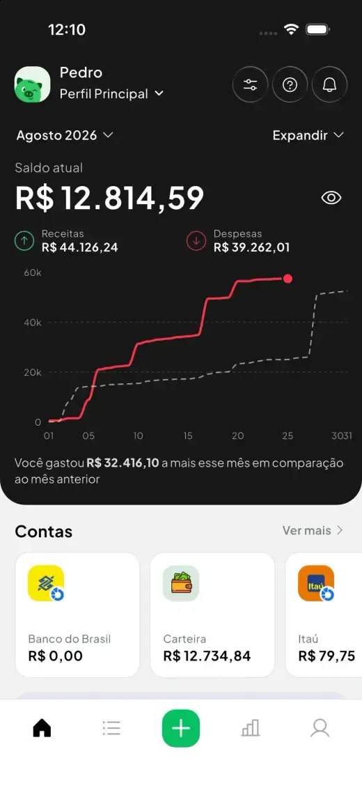 App Despezzas mostrando saldo, receitas e despesas do mês